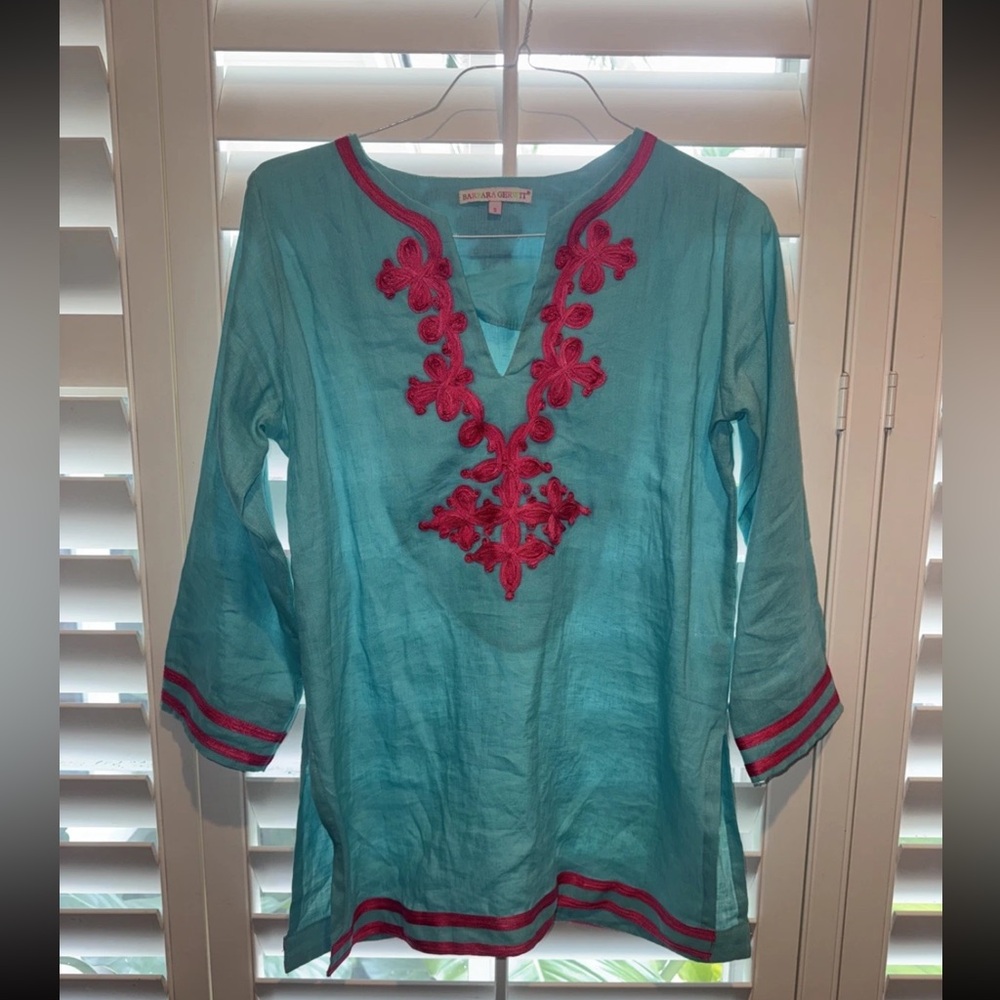 Barbara Gerwit Turquoise & Pink Embroidered Tunic | Boho Beach Cover-Up Size S